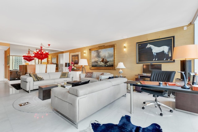 living room with crown molding