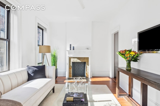 living area featuring light wood-style floors and a high end fireplace