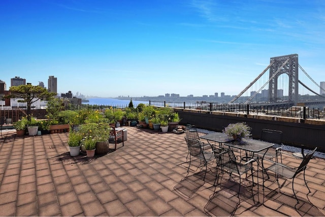 view of patio featuring a water view