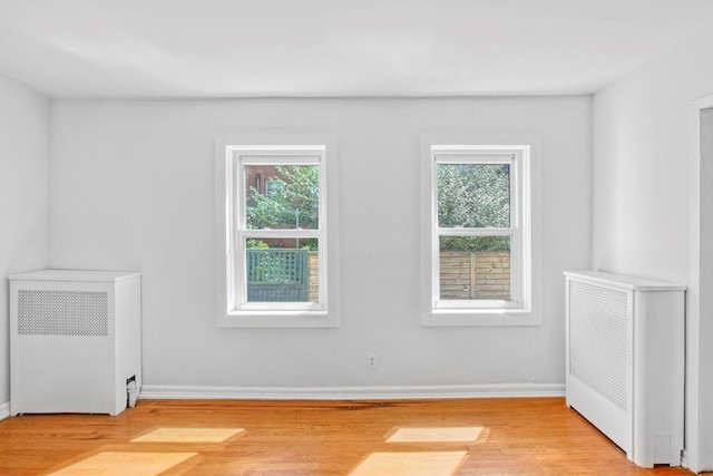 interior space with baseboards, radiator, light wood-type flooring, and a healthy amount of sunlight