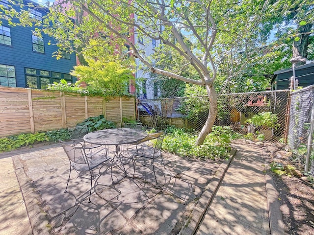 view of patio with a fenced backyard and outdoor dining space