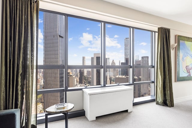 sitting room with carpet flooring and a city view