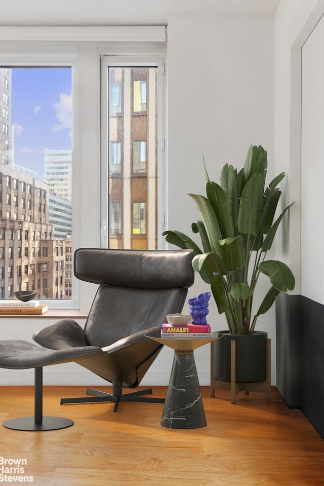 15 William St Unit 21A, New York City, NY 10004 - living area with a view of city and wood finished floors
