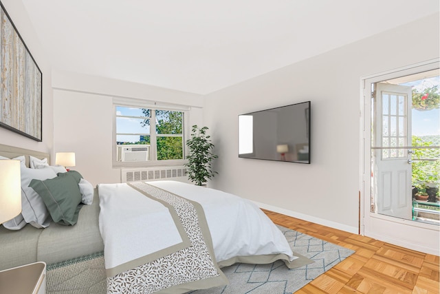 bedroom featuring radiator heating unit, cooling unit, and baseboards