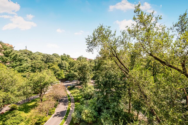 birds eye view of property with a view of trees