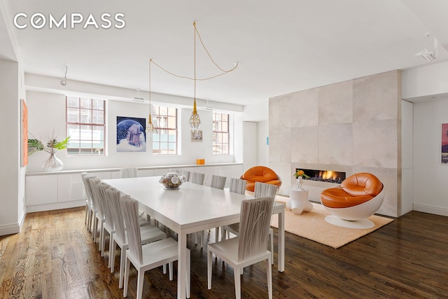 dining room featuring a healthy amount of sunlight, a fireplace, baseboards, and wood finished floors