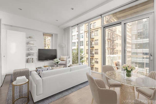 living room featuring built in shelves