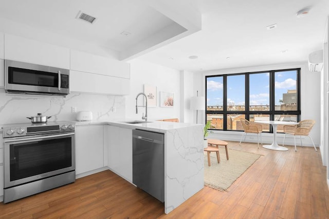 kitchen featuring appliances with stainless steel finishes, sink, white cabinets, backsplash, and kitchen peninsula