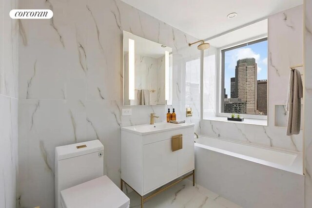 full bathroom with a view of city, marble finish floor, toilet, vanity, and a tub