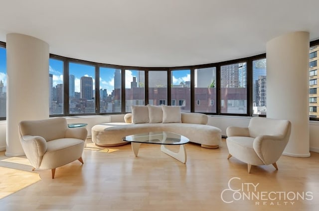 living room featuring light wood-style flooring and a view of city