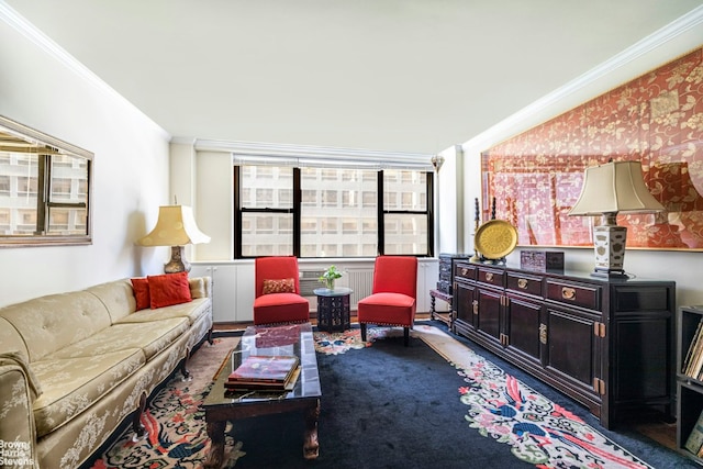 living room featuring crown molding