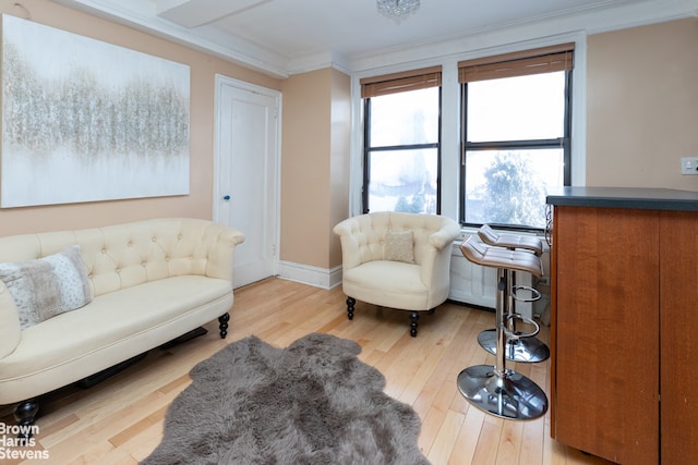 living room with ornamental molding and light hardwood / wood-style flooring