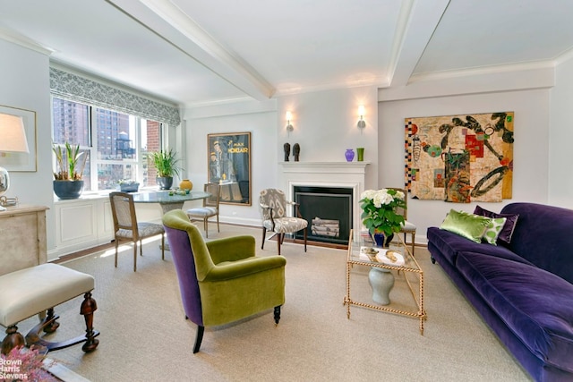 living room featuring crown molding and beamed ceiling