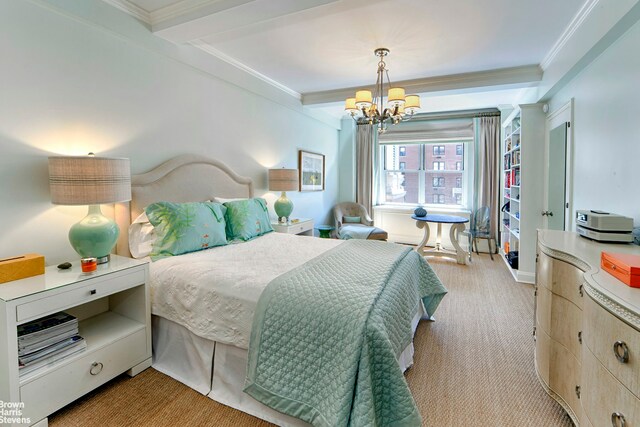 bedroom featuring beam ceiling, light carpet, a chandelier, and ornamental molding