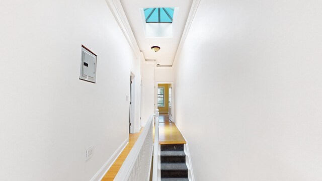 563 W 182nd St, New York City, NY 10033 - hall with electric panel, light wood-style floors, and baseboards