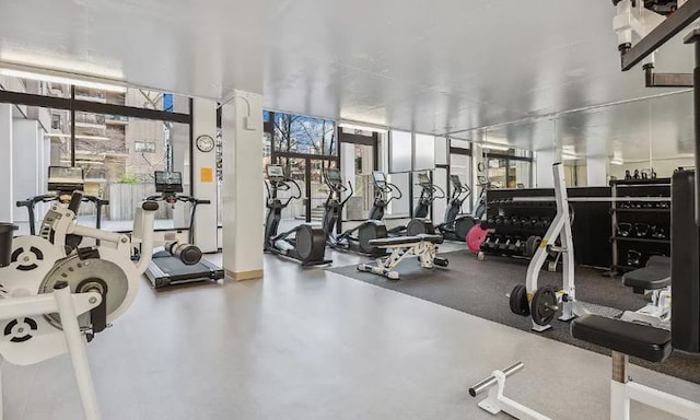 exercise room featuring expansive windows