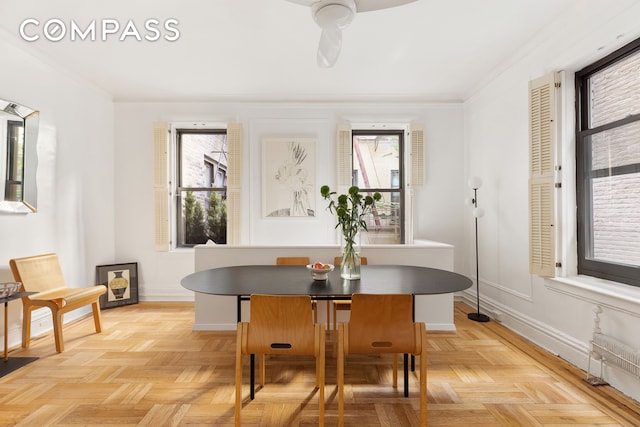 205 E 10th St Unit 1C/2C, New York City, NY 10003 - dining space with crown molding and a ceiling fan