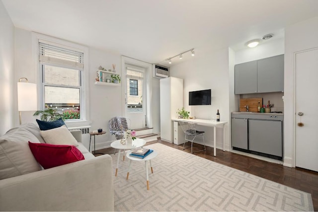 living room featuring sink, an AC wall unit, track lighting, radiator heating unit, and dark parquet floors