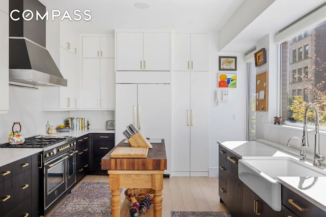 kitchen featuring wall chimney range hood, sink, light hardwood / wood-style flooring, white cabinetry, and high end appliances