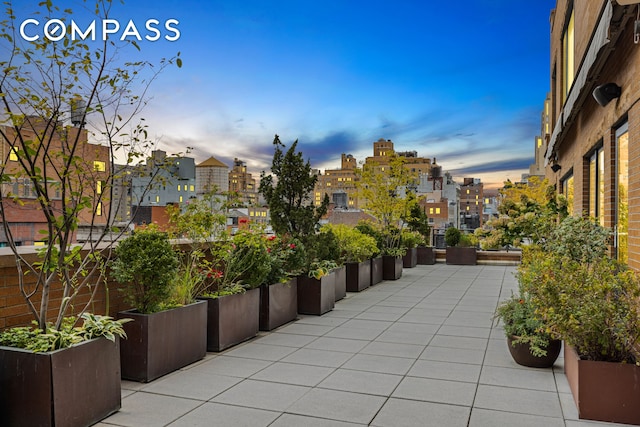 patio terrace at dusk with a view of city and a vegetable garden