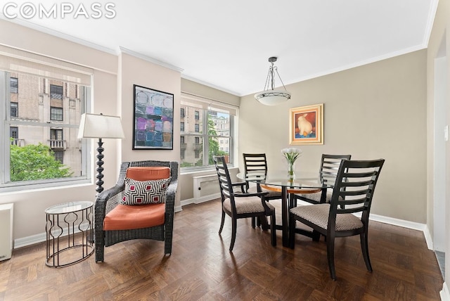 dining room with crown molding, dark parquet floors, and radiator heating unit