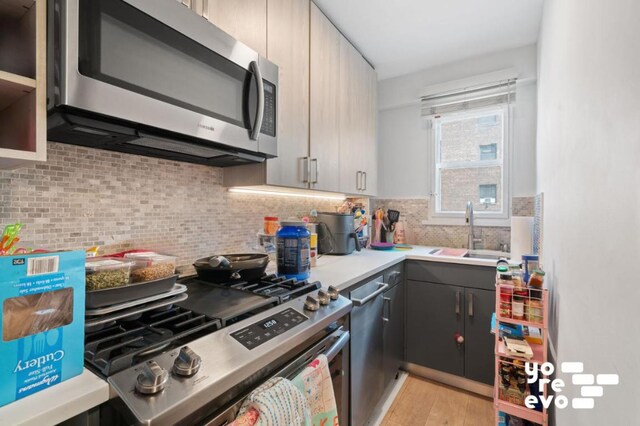 kitchen featuring sink, gray cabinetry, light hardwood / wood-style flooring, appliances with stainless steel finishes, and decorative backsplash