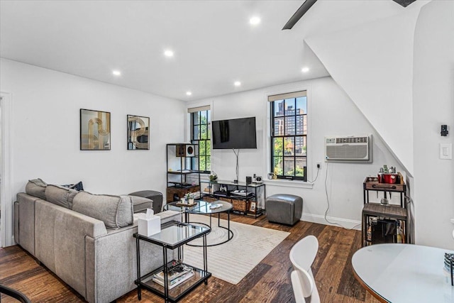1 Station Sq Unit 315, New York City, NY 11375 - living room featuring a wall unit AC, recessed lighting, wood finished floors, and a ceiling fan