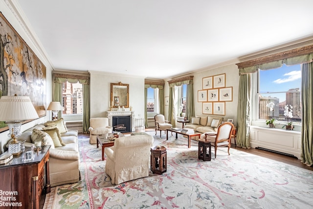 living room with crown molding