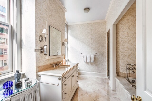 1 Sutton Pl S Unit 11A, New York City, NY 10022 - bathroom featuring crown molding, a shower, vanity, a bathing tub, and wallpapered walls