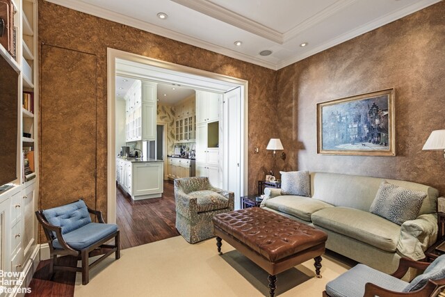 1 Sutton Pl S Unit 11A, New York City, NY 10022 - living room featuring crown molding, recessed lighting, and dark wood-type flooring