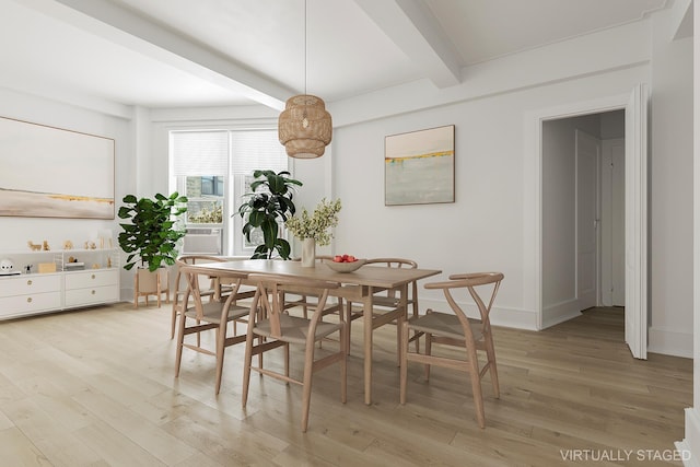 dining room featuring light wood-type flooring, cooling unit, beam ceiling, and baseboards