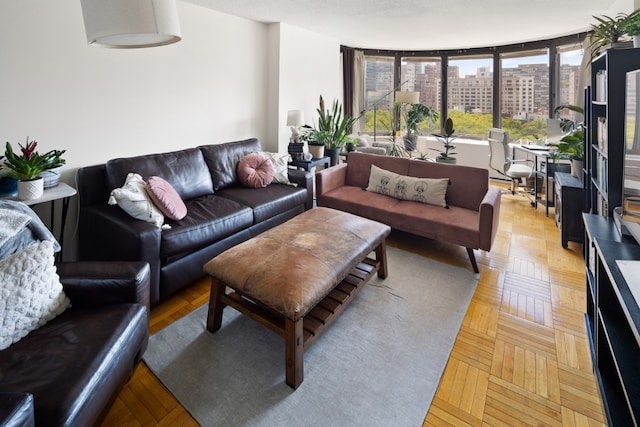 living room with light parquet floors