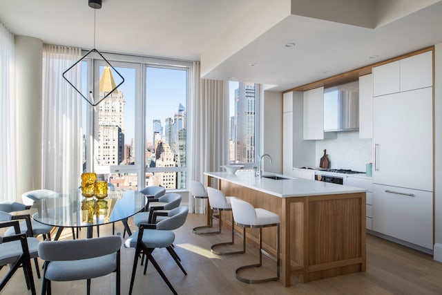 kitchen with a city view, wood finished floors, a sink, white cabinets, and modern cabinets