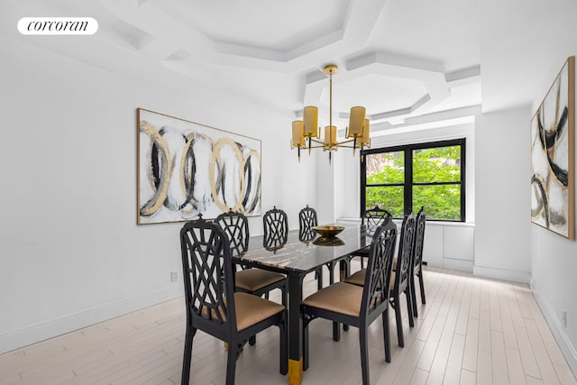 dining room featuring light hardwood / wood-style flooring, a notable chandelier, and coffered ceiling