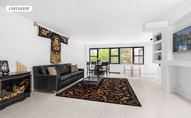 living room with built in features and light hardwood / wood-style flooring