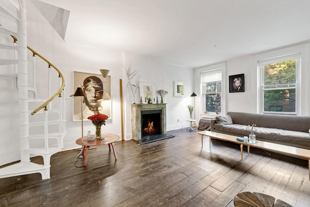 living room featuring a premium fireplace and dark hardwood / wood-style flooring