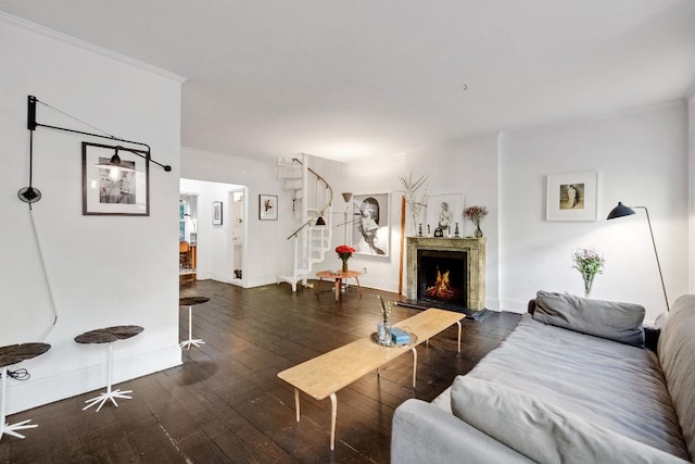 living room featuring ornamental molding and dark wood-type flooring