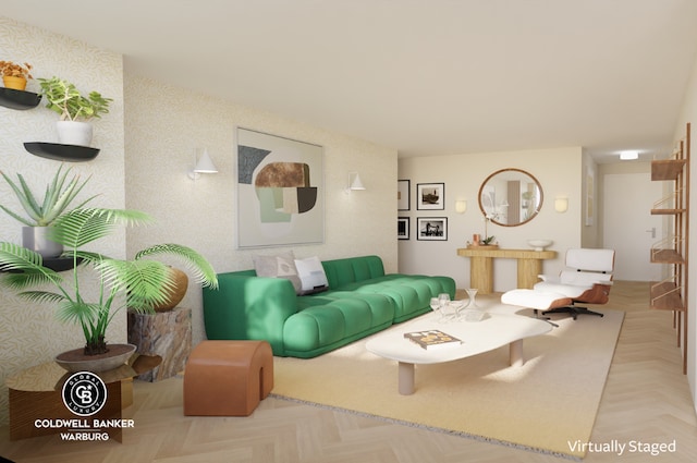 living room featuring light parquet flooring