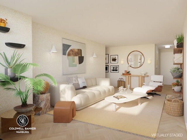 living room featuring light parquet flooring