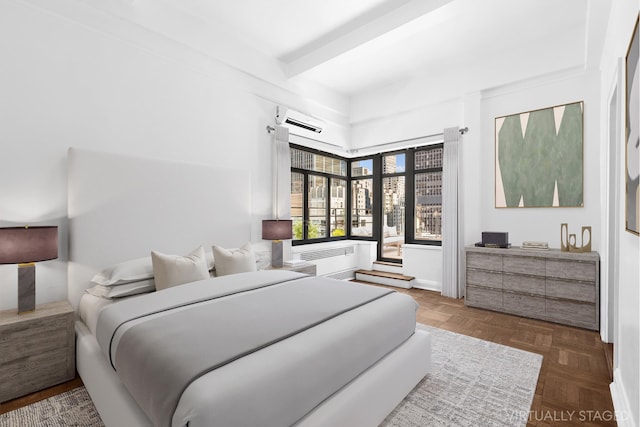 bedroom with beam ceiling, a wall mounted air conditioner, and a wall mounted AC