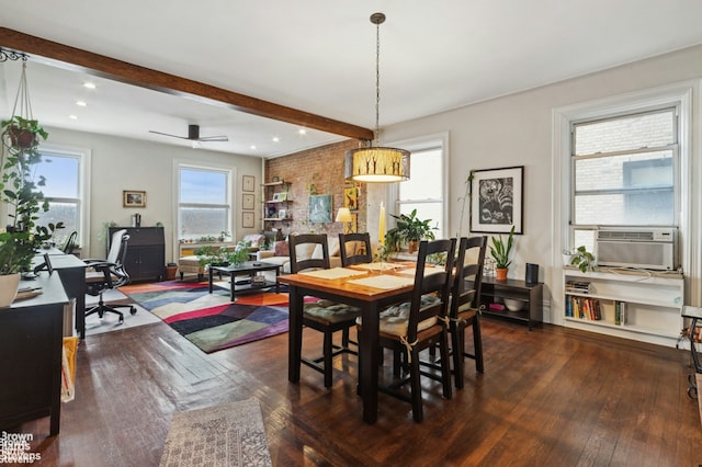 dining room with cooling unit, dark wood finished floors, beam ceiling, and recessed lighting