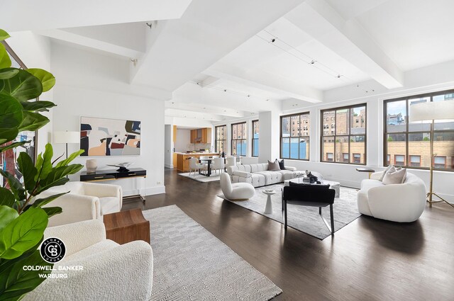 living room with dark hardwood / wood-style floors and beam ceiling