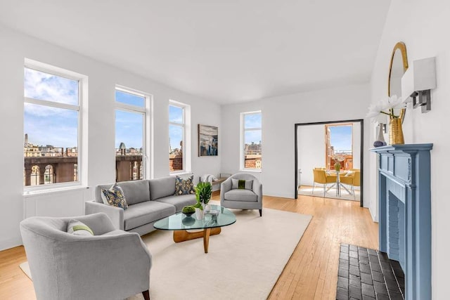 living room featuring light hardwood / wood-style flooring, a fireplace, and built in shelves