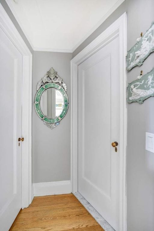 doorway to outside featuring ornamental molding and light hardwood / wood-style floors