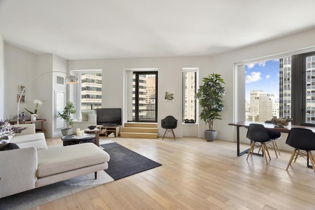 living area featuring light wood-style flooring and visible vents