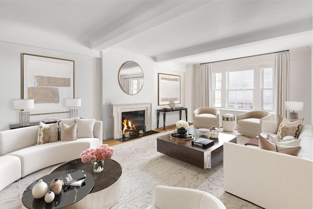 living room featuring beam ceiling