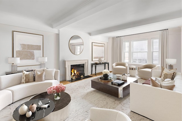 40 E 66th St Unit 4B, New York City, NY 10065 - living room featuring a fireplace with flush hearth