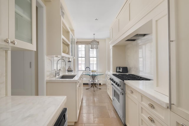 40 E 66th St Unit 4B, New York City, NY 10065 - kitchen featuring stainless steel stove, a sink, stone tile flooring, glass insert cabinets, and pendant lighting
