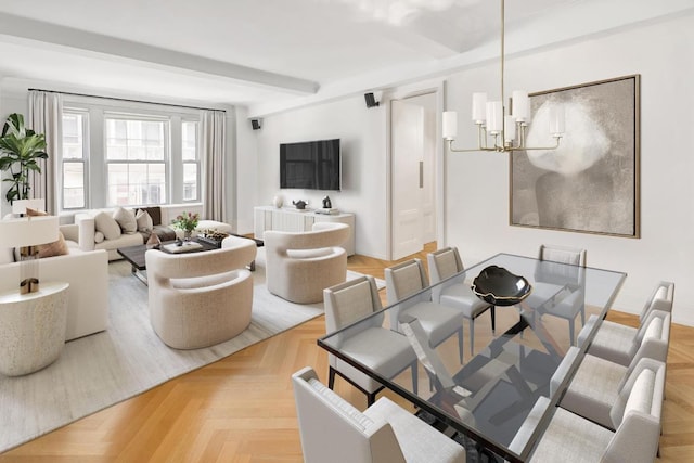 dining area with beamed ceiling, an inviting chandelier, and light parquet floors