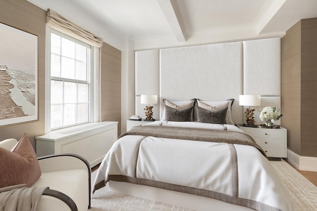 40 E 66th St Unit 4B, New York City, NY 10065 - bedroom with beamed ceiling and wood finished floors